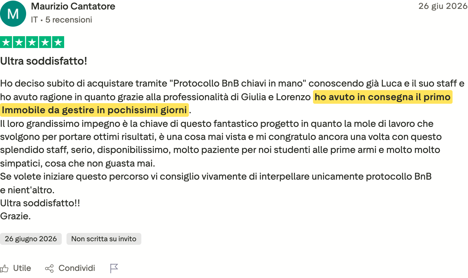Recensione Trustpilot di Maurizio Cantatore