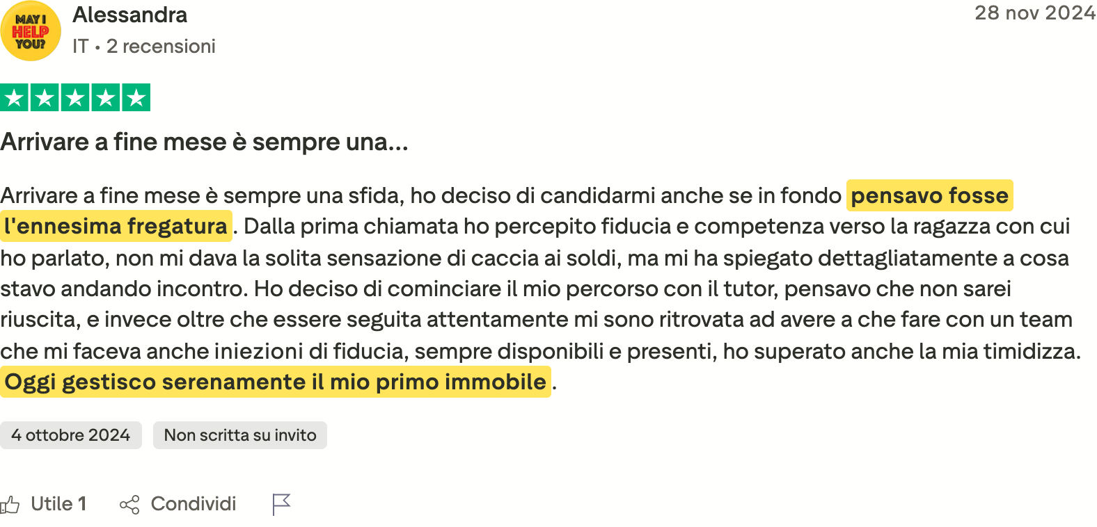 Recensione Trustpilot di Alessandra