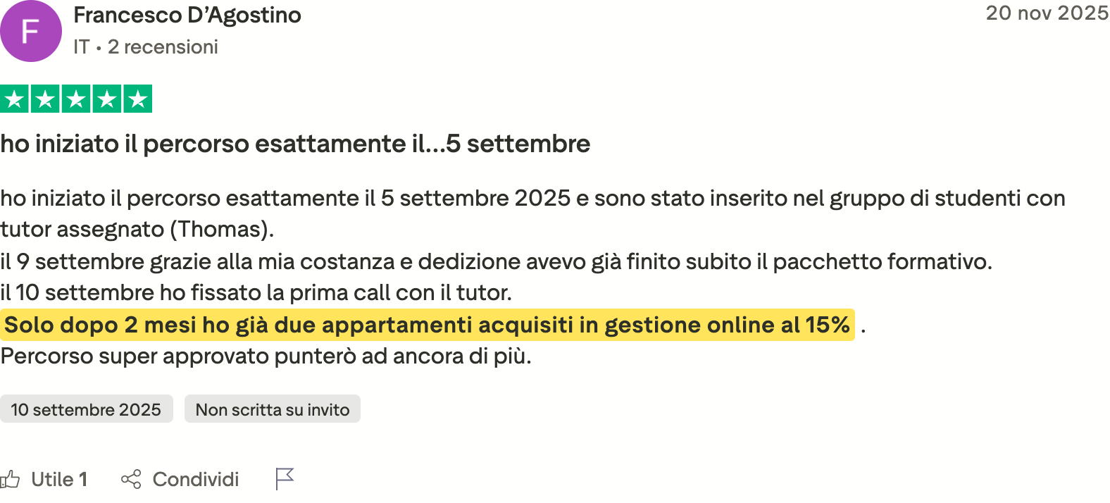 Recensione Trustpilot di Francesco D'Agostino