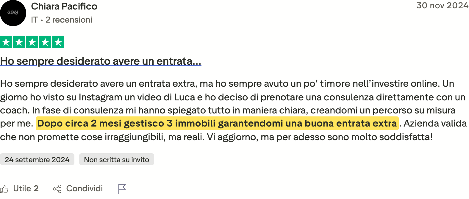 Recensione Trustpilot di Chiara Pacifico
