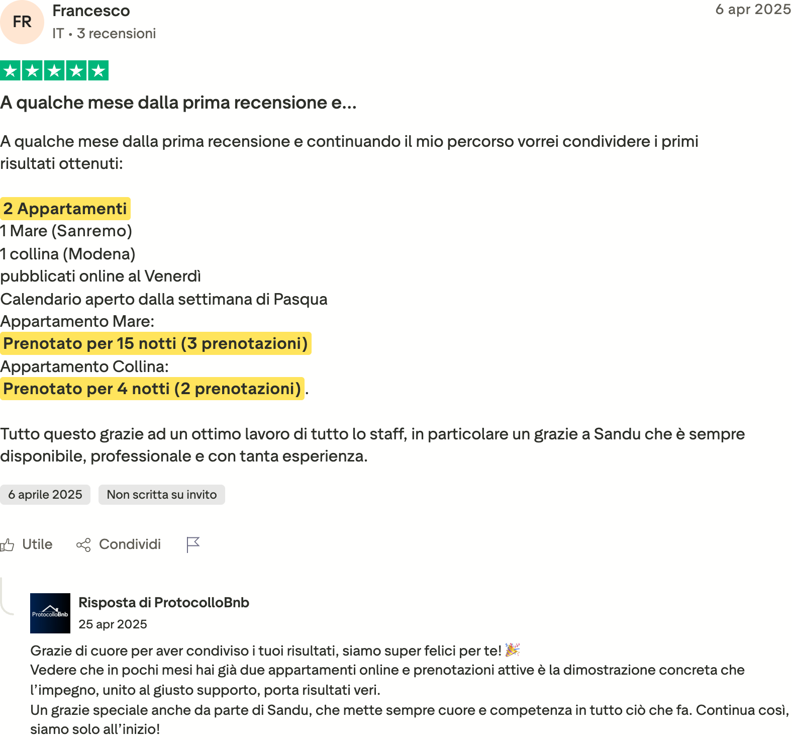Recensione Trustpilot di Francesco (Sanremo-Modena)
